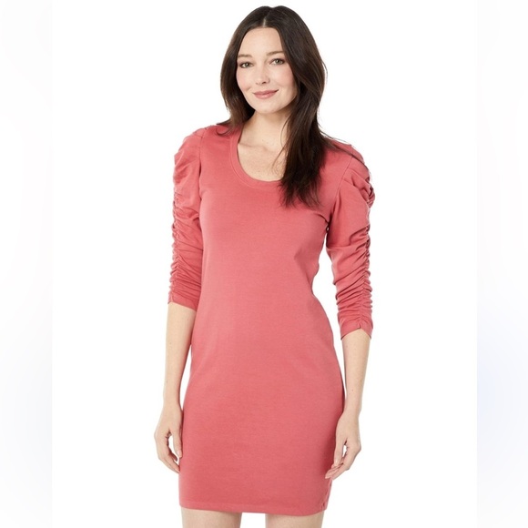 Sundry Anthropology NWT Rust Sheath Dress with Ruched Puff Sleeves - Picture 1 of 8